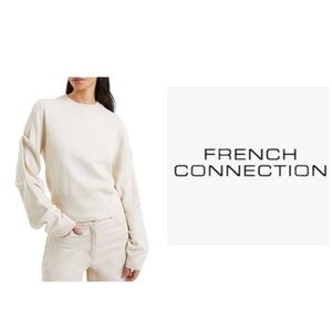 French Connection Off-White Sweater with Faux Pearl Gathering on Sleeves